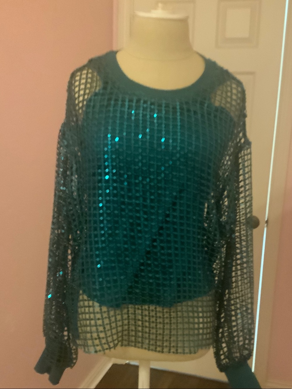 Pilcro Teal Sequin Grid Open-Knit Sweatshirt